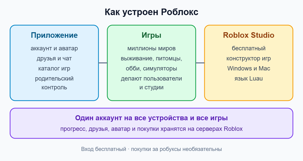 Схема: из чего состоит Роблокс — приложение, игры пользователей и Roblox Studio