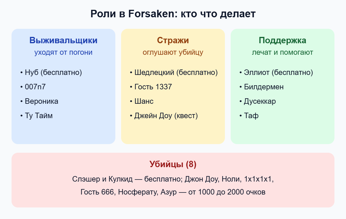 Схема ролей в Forsaken: выживальщики, стражи, поддержка и убийцы