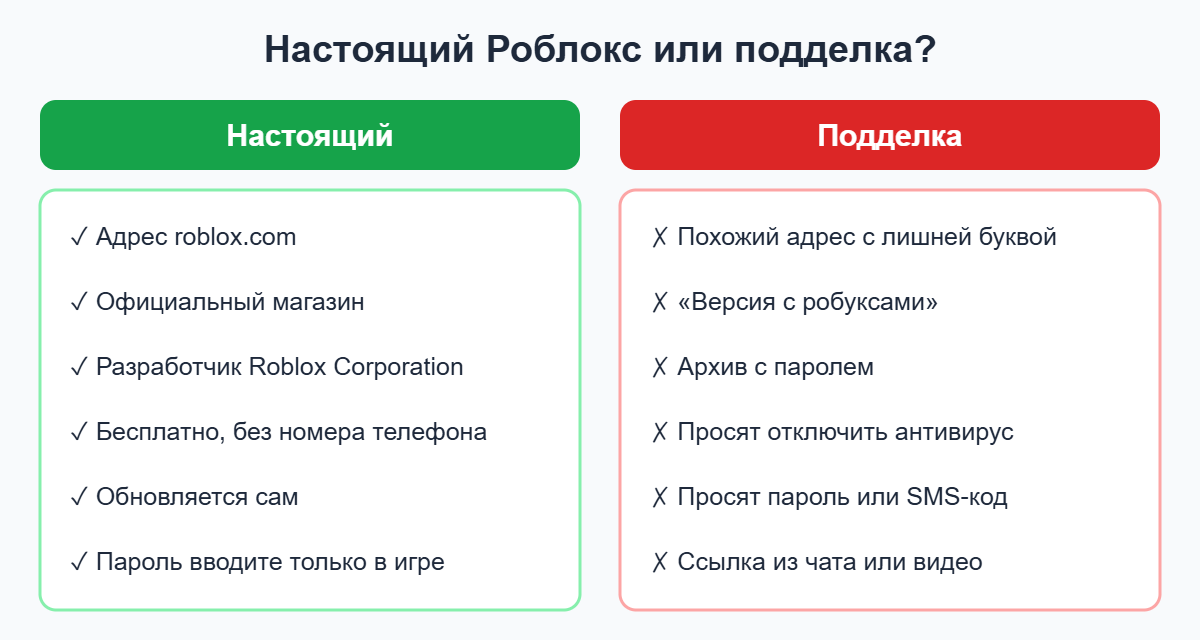 Сравнение: признаки настоящего Роблокса и подделки