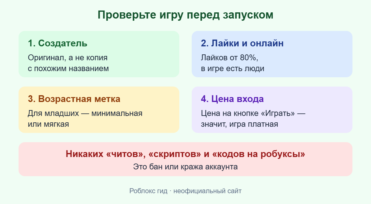 Схема: что проверить на странице игры в Роблокс перед запуском