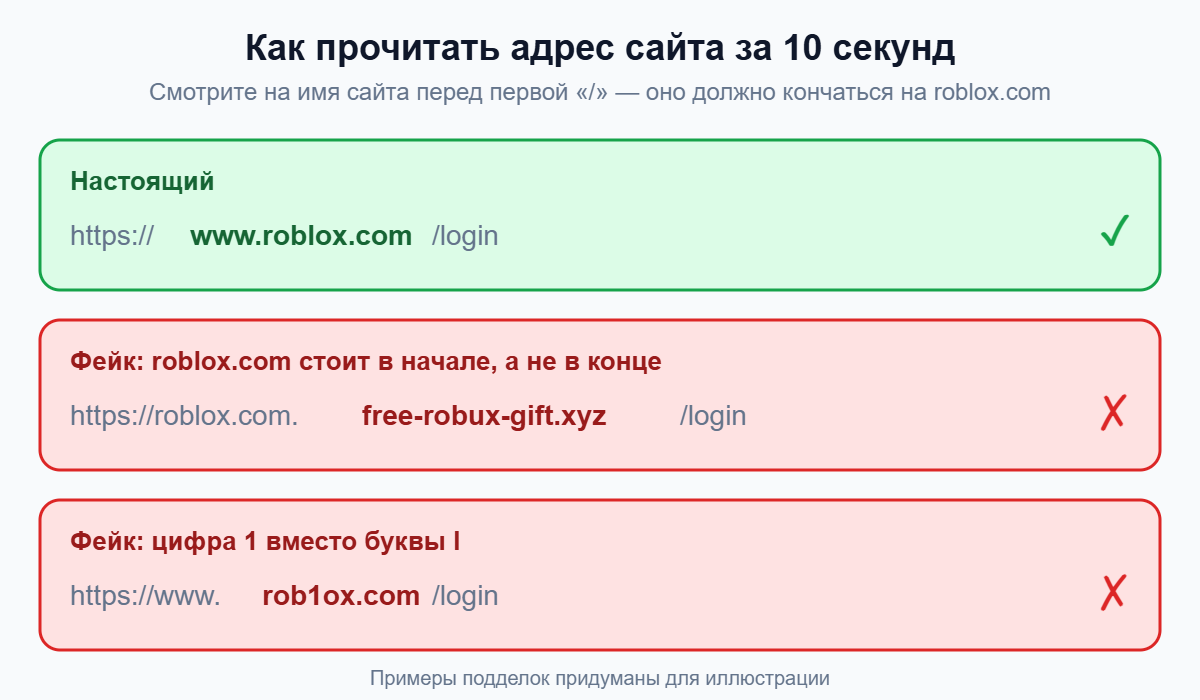 Схема: как прочитать адрес и отличить настоящий roblox.com от поддельного