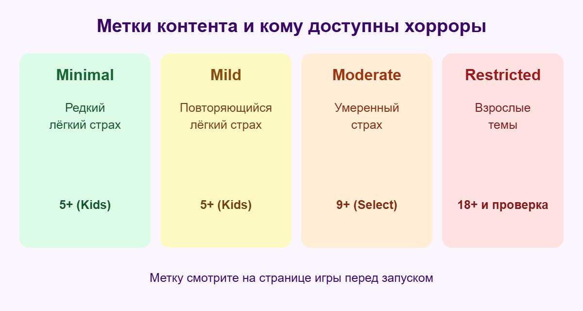 Схема меток контента Roblox: Minimal, Mild, Moderate, Restricted и возраст
