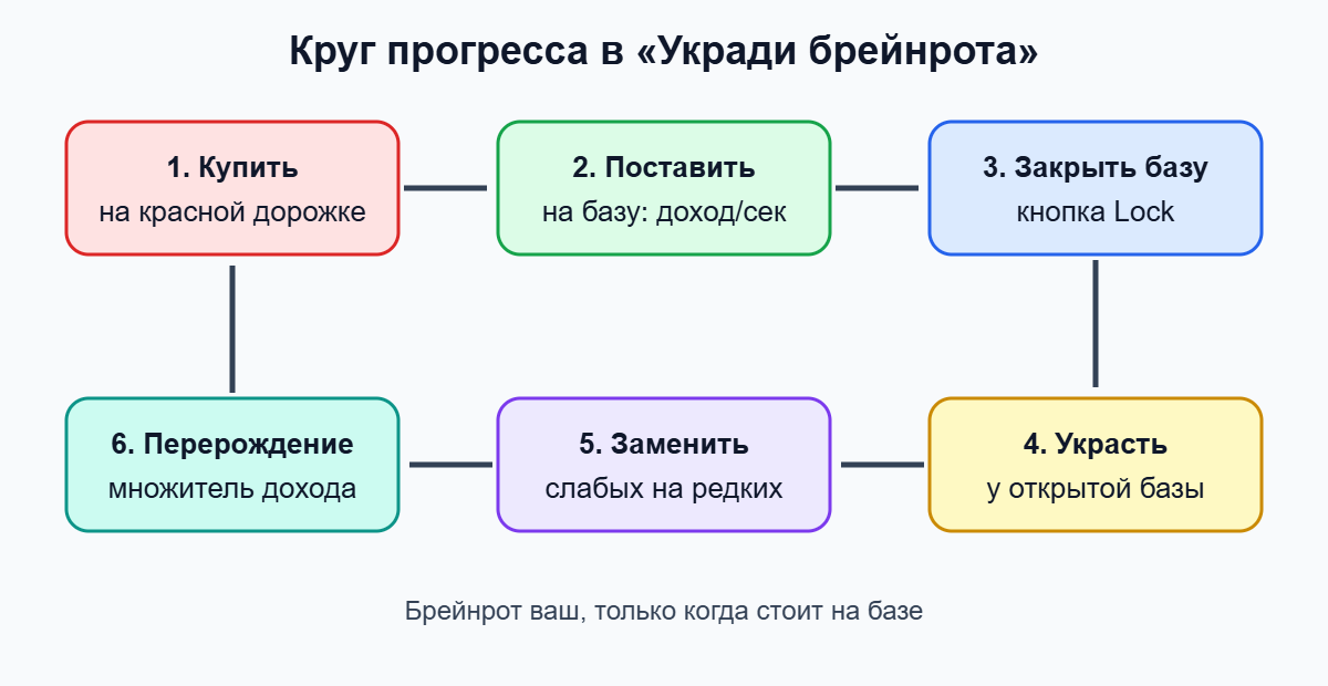 Круг прогресса в Укради брейнрота: покупка, база, блокировка, кража, замена, перерождение
